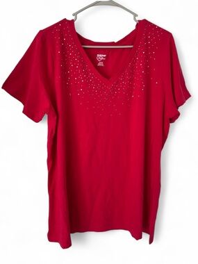 Avenue Red V-Neck Embellished Cotton Top
